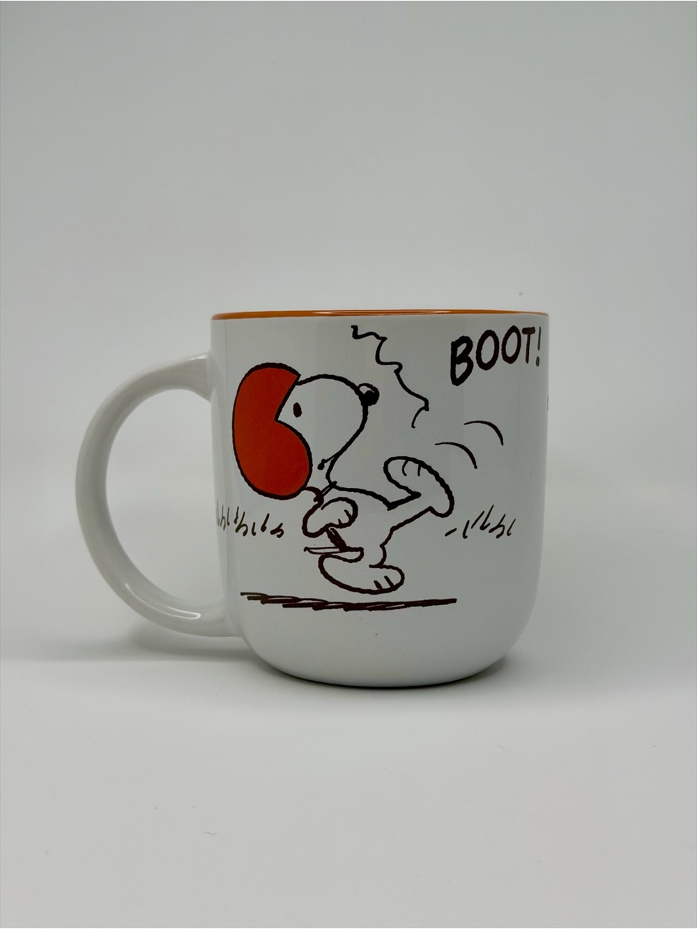 Peanuts Snoopy Woodstock Bonk Boot Football Ceramic Coffee Mug Orange Interior
